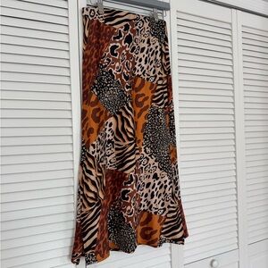 Alice Blue Animal Print Midi Skirt with Elastic Waistband and Side Slits Sz S